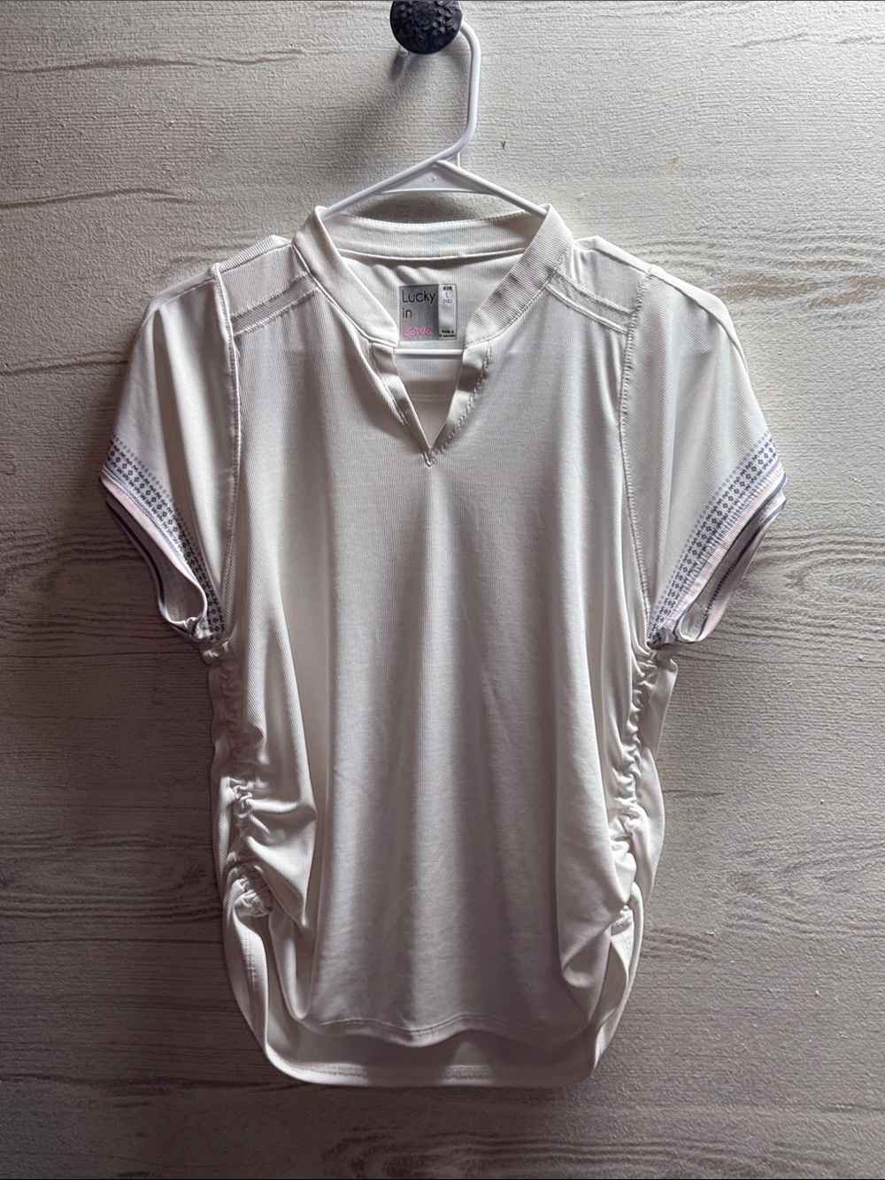 Lucky in Love white tennis shirt short sleeve gathered sides size L